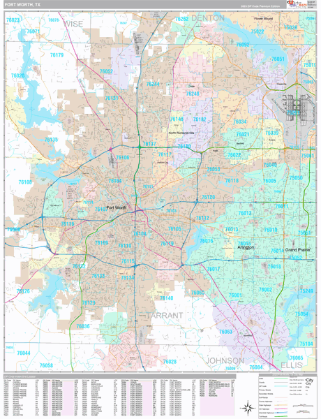 Fort Worth City Wall Map Premium Style